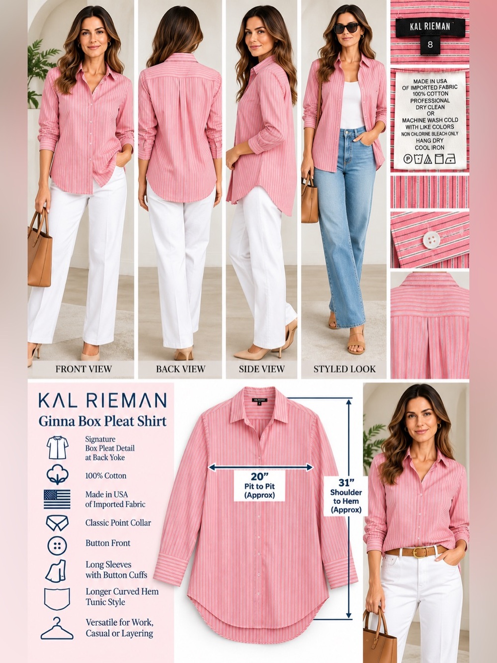 Kal Rieman Ginna Box Pleat Shirt Pink Stripe Size 8 Cotton Made in USA